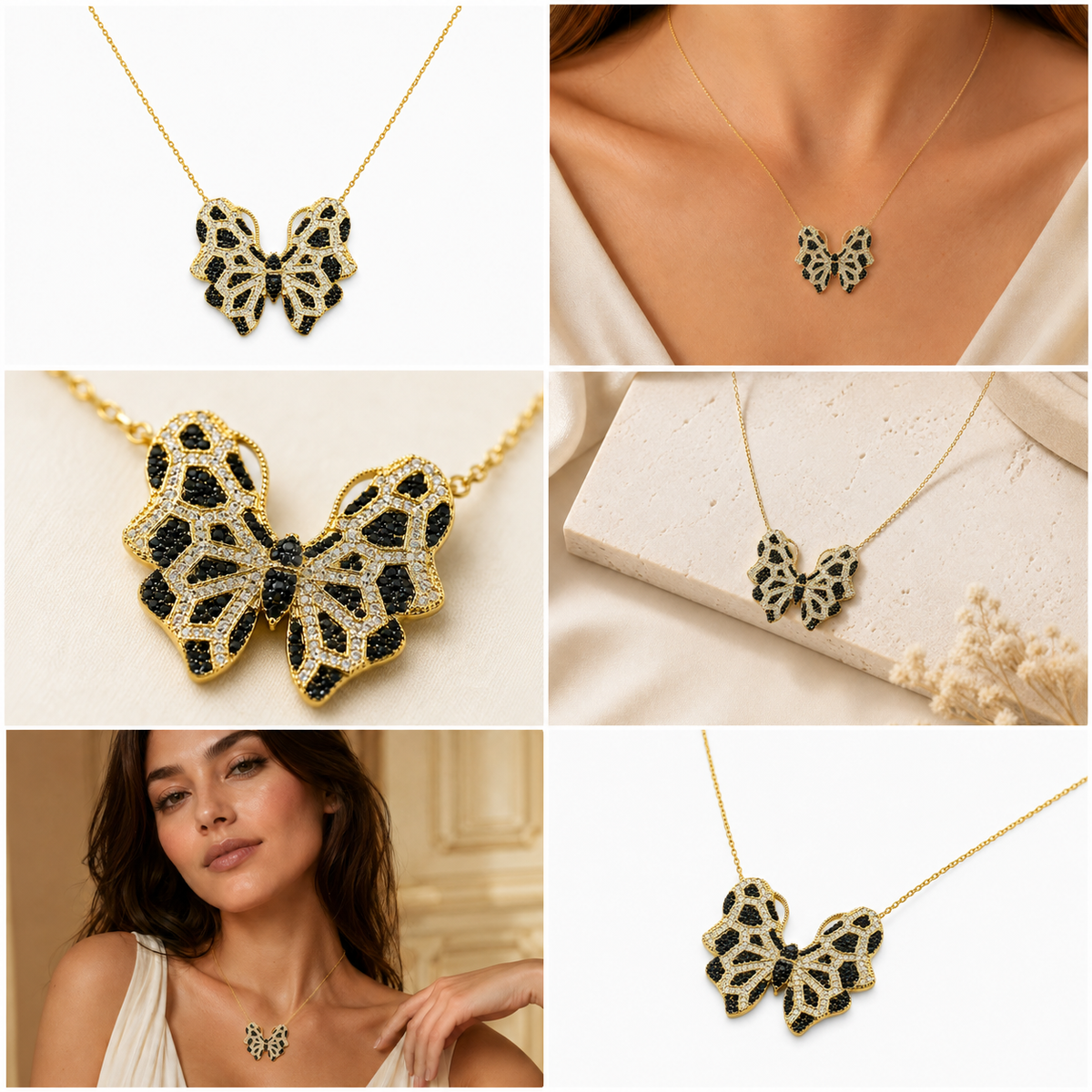 Angled view of a butterfly pendant necklace with multicolor CZ accents and a gold-tone chain.