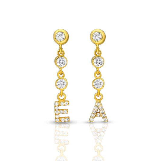 Gold-tone personalized CZ chain initial dangle earrings with sparkling letter charms.