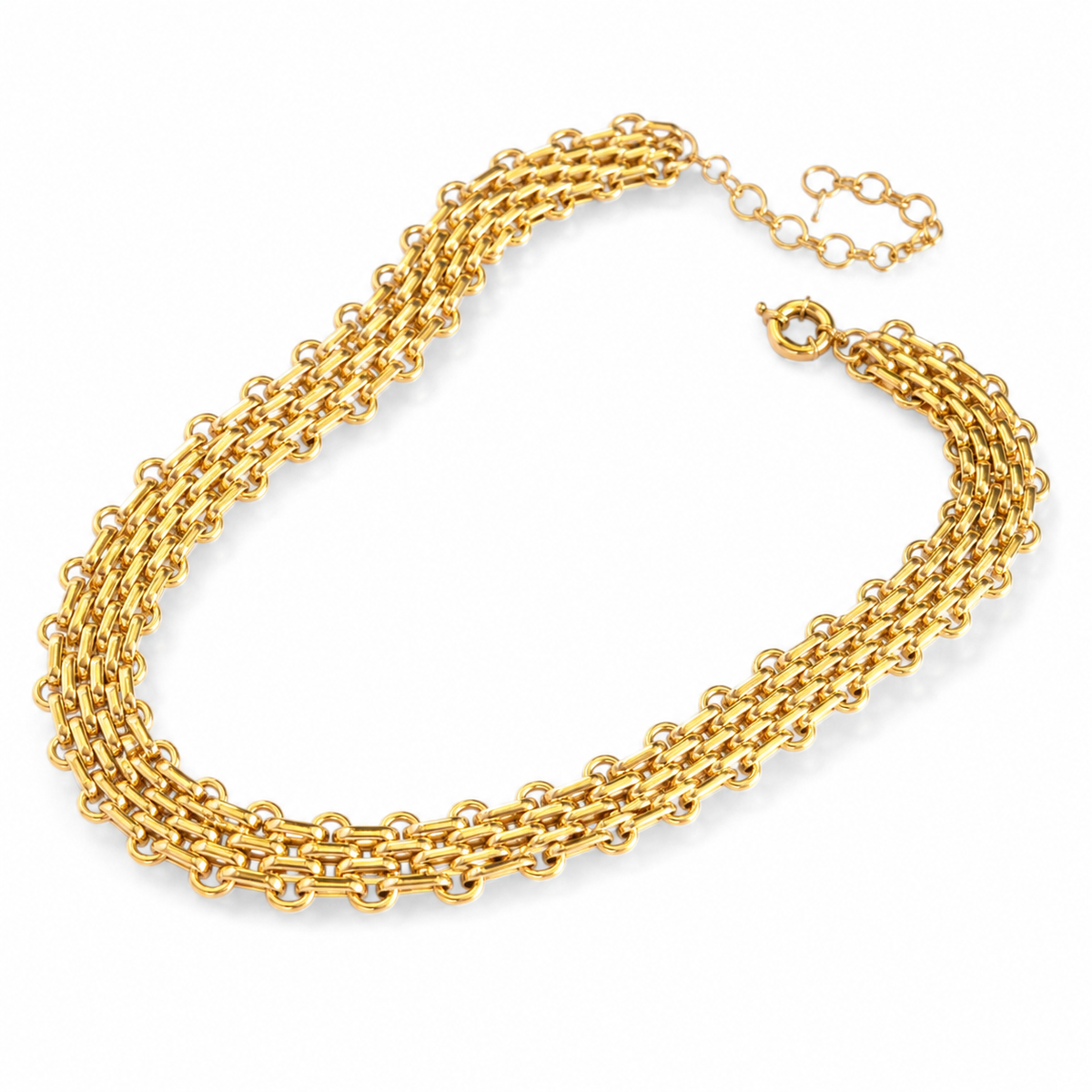 Angled view of a flat chain statement necklace in gold-plated brass.