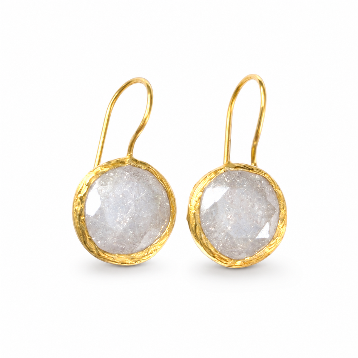 Pair of round clear CZ gold-plated drop earrings on a white background.