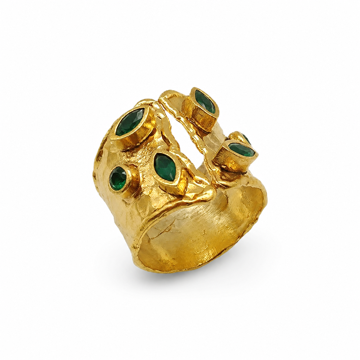 Gold-plated open cuff ring with emerald green stones