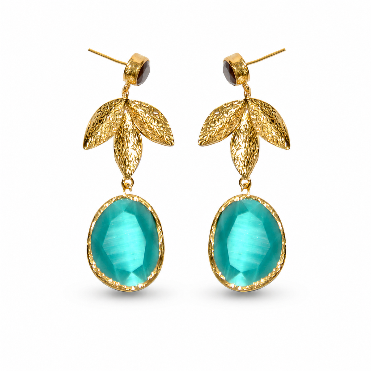 Gold-tone drop earrings with textured leaf details and turquoise oval stones.