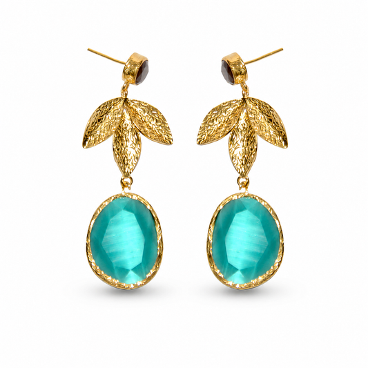Gold-tone drop earrings with textured leaf details and turquoise oval stones.