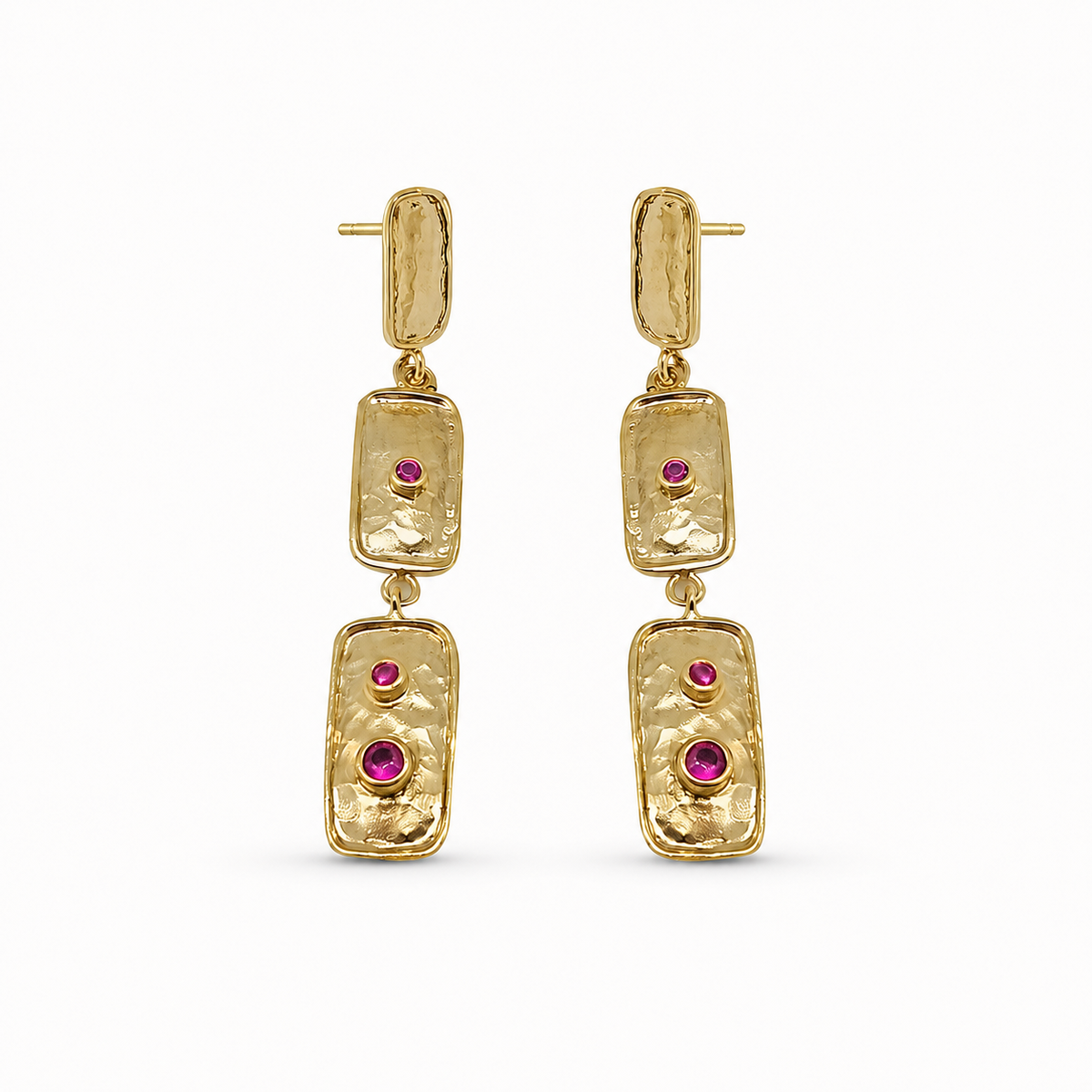 Triple rectangle drop earrings with textured gold-plated rectangles and pink stone accents.