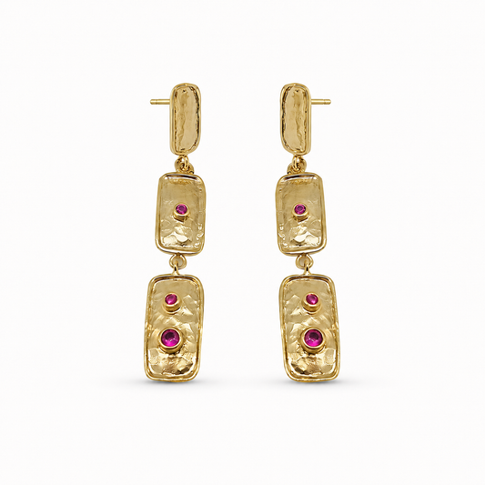 Triple rectangle drop earrings with textured gold-plated rectangles and pink stone accents.