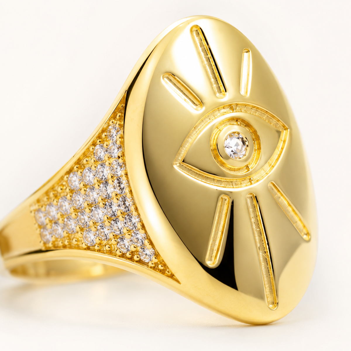 Close-up of the evil eye ring showing the polished surface and crystal-like detail.