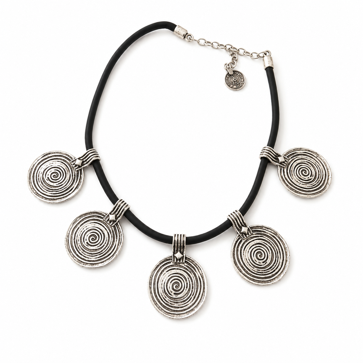 Black cord necklace with five spiral disc pendants and a silver-tone finish.