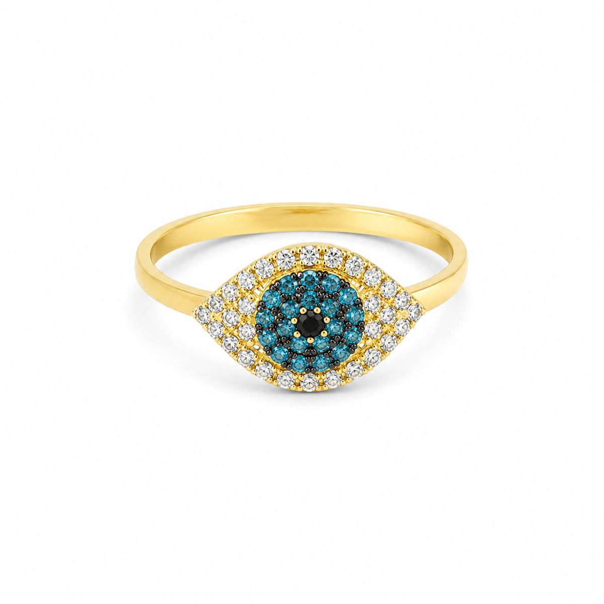 Gold-tone evil eye ring with blue and clear crystal-like details.