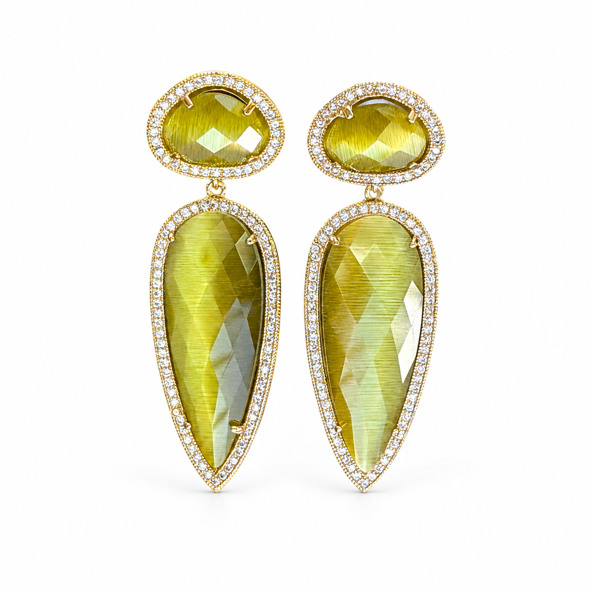 Pair of olive cat eye teardrop earrings with a gold-plated frame and sparkling border.