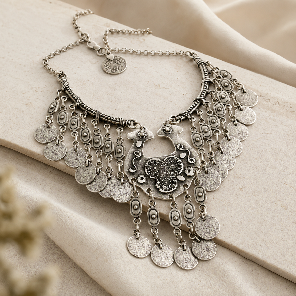 Angled view of a silver-tone coin fringe statement necklace with ornate detailing.