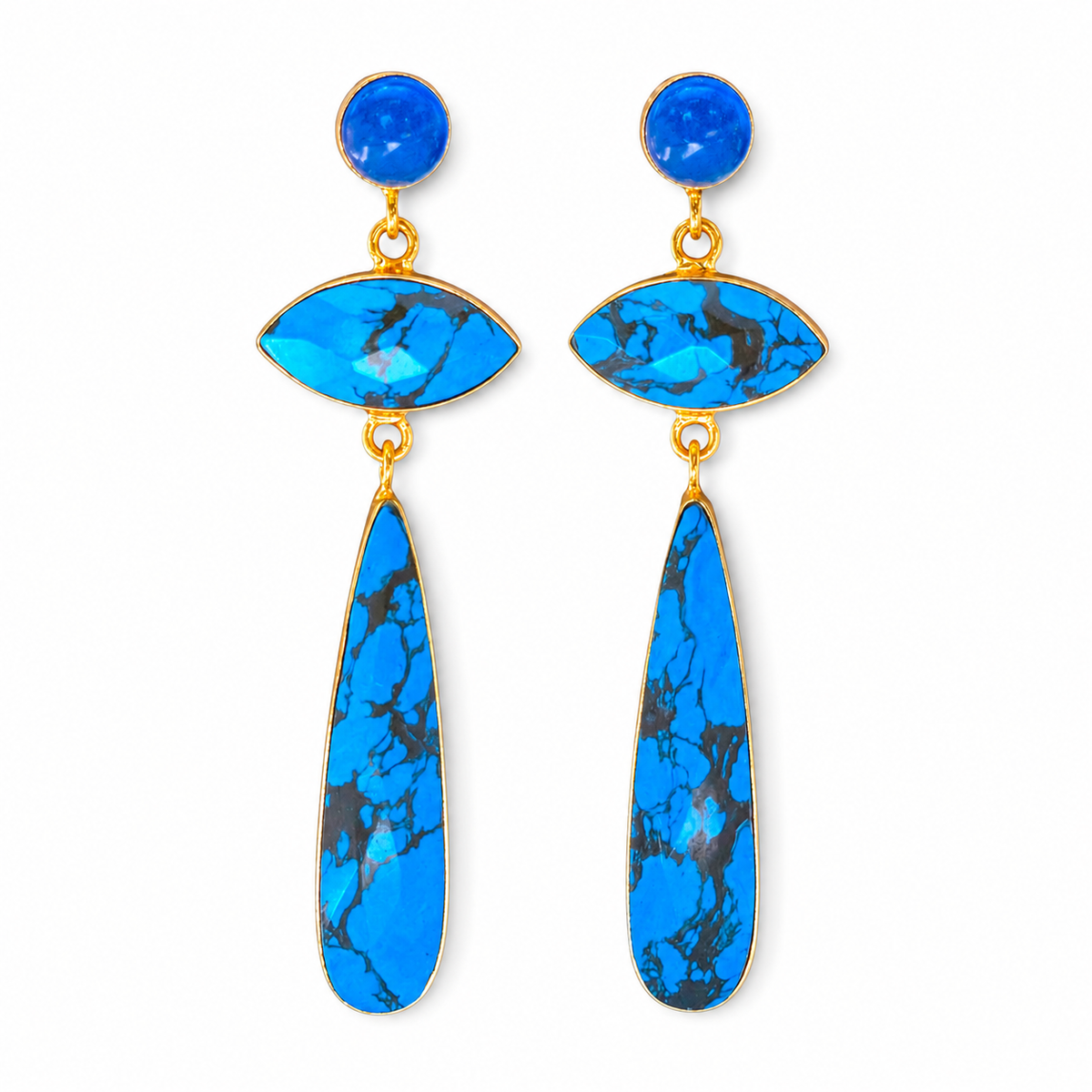 Long gold-plated drop earrings with bright turquoise stones and a polished blue finish.