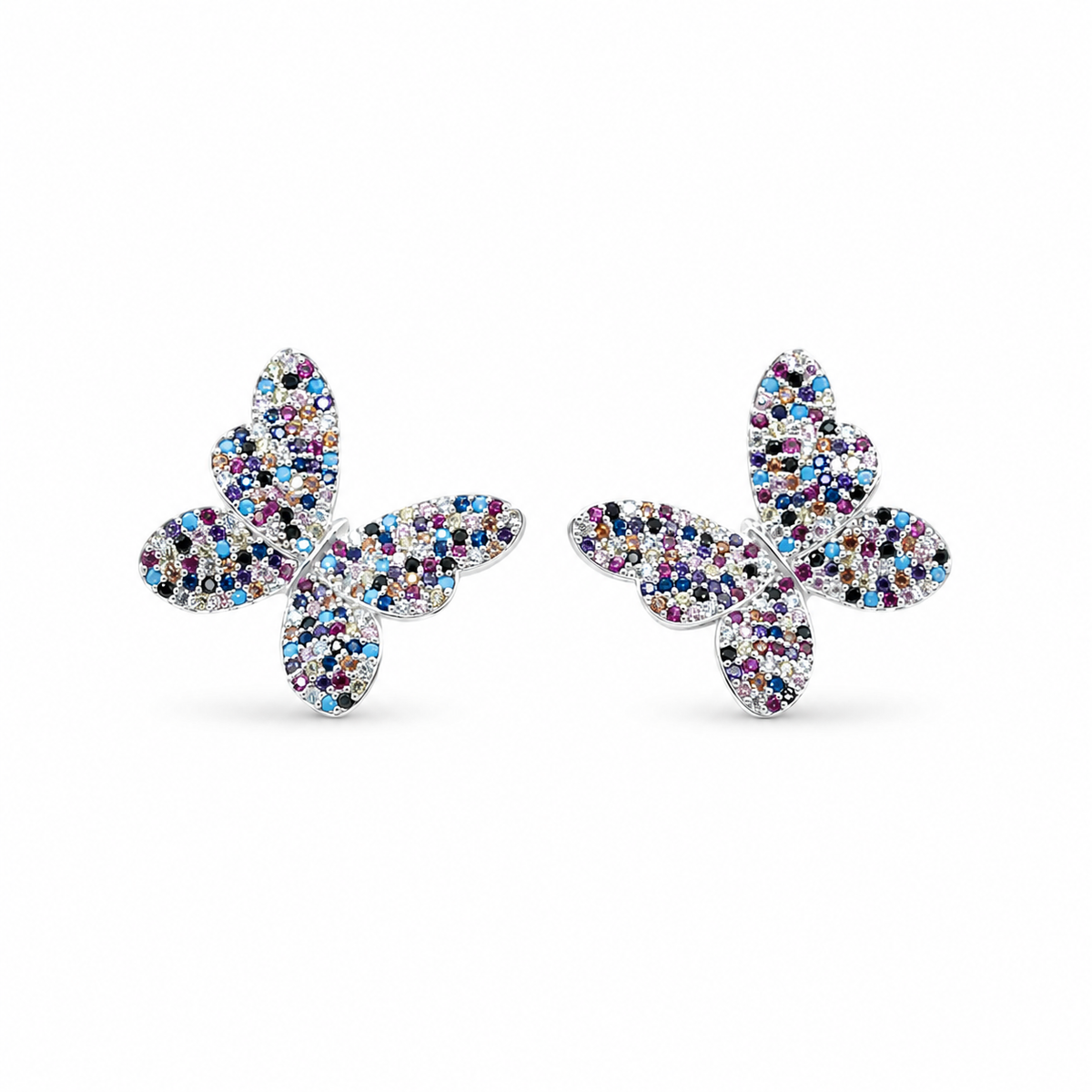 Pair of butterfly stud earrings with multicolor CZ stones and a silver-tone finish.