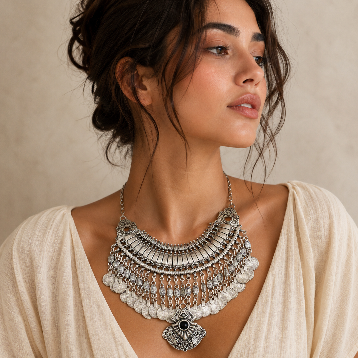 Silver-tone necklace with ornate coin fringe and a black pendant detail.