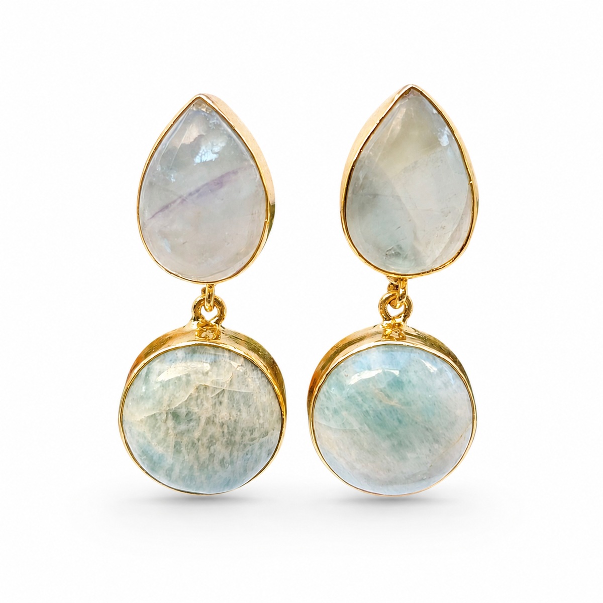Gold-plated drop earrings with teardrop and round amazonite stones.