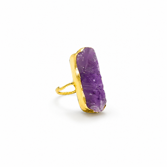Raw amethyst bar statement ring with a gold-plated setting.