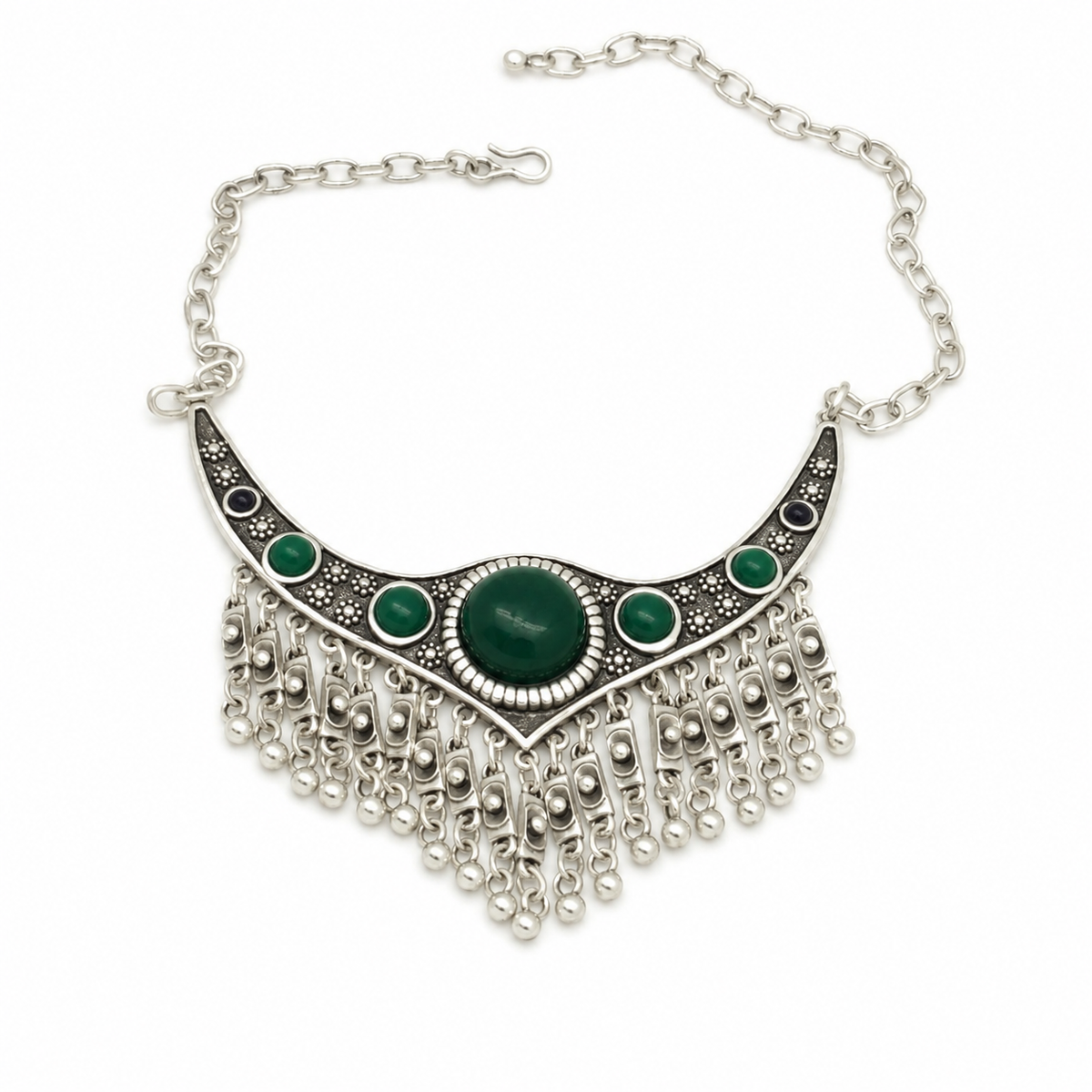 Silver-tone collar necklace with green stones and fringe chain drops.