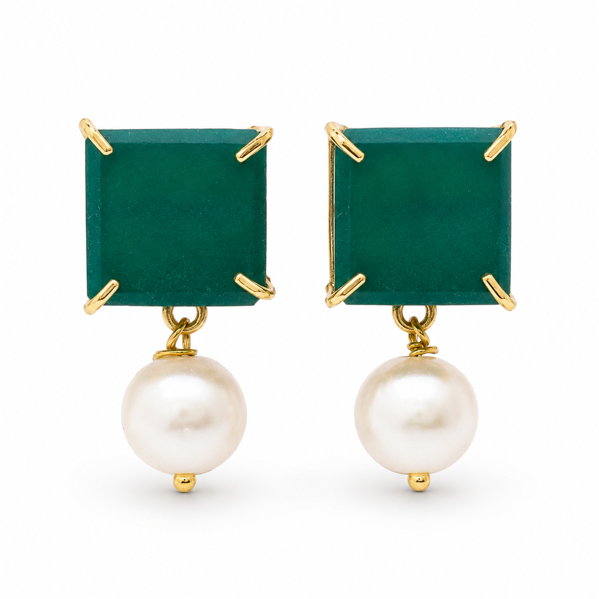 Pair of green chalcedony and pearl drop earrings with gold-plated details.