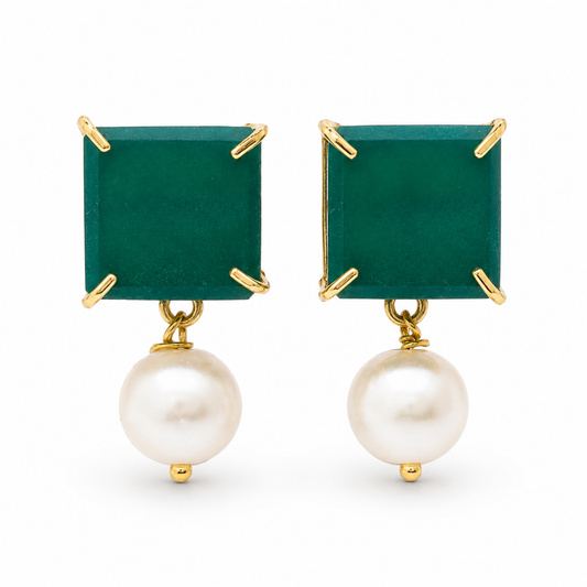 Pair of green chalcedony and pearl drop earrings with gold-plated details.