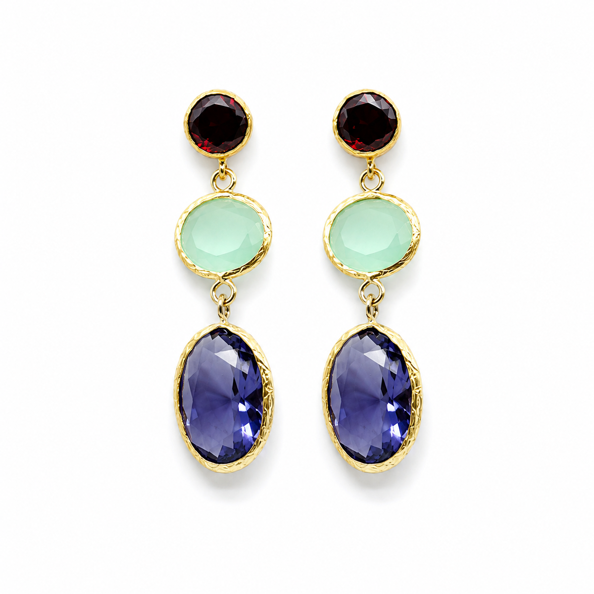 Pair of triple drop gold-plated earrings with red, green, and blue faceted stones.