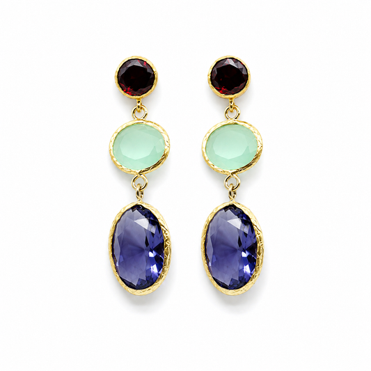 Pair of triple drop gold-plated earrings with red, green, and blue faceted stones.