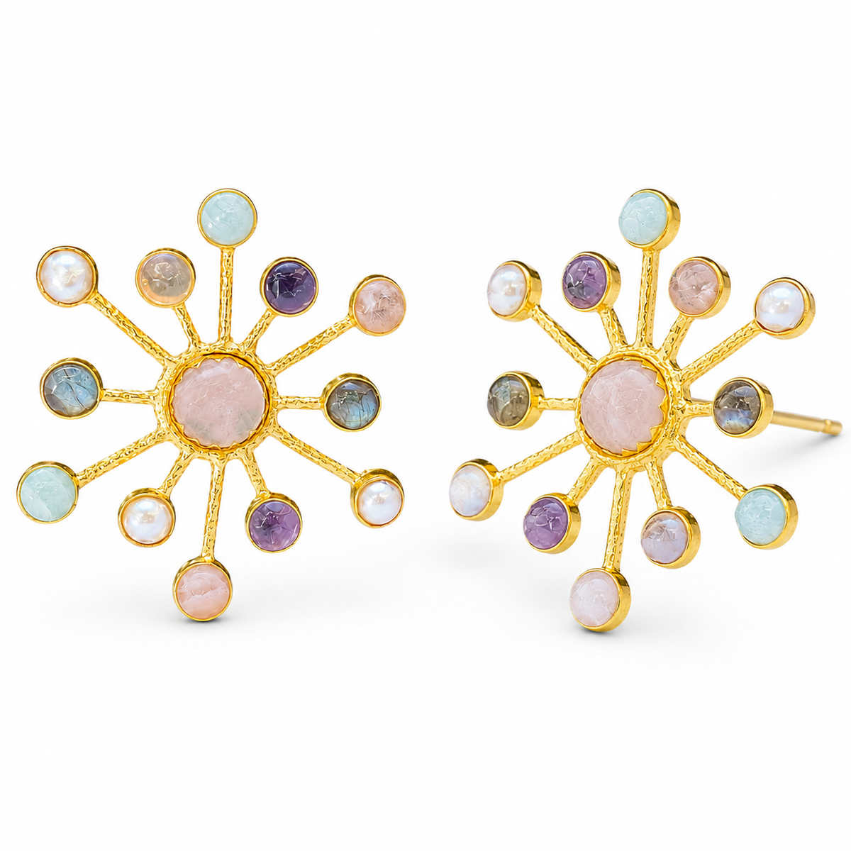 Angle view of starburst statement earrings with multicolor gemstone-style accents and a gold-plated look.