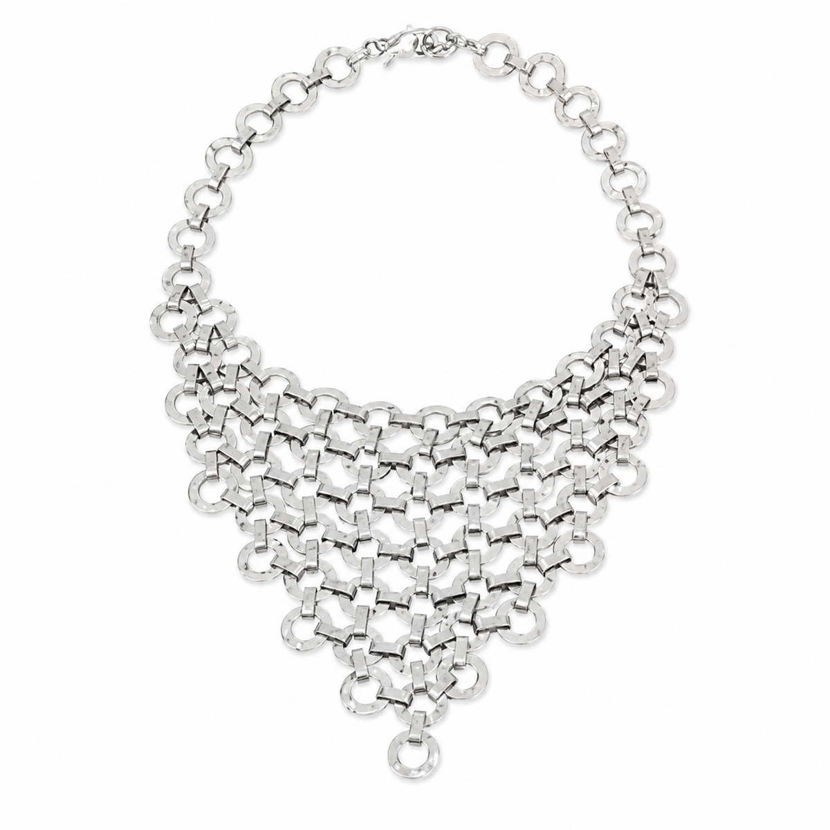 Silver-tone mesh bib statement necklace with a layered openwork design.