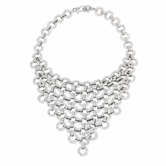 Silver-tone mesh bib statement necklace with a layered openwork design.