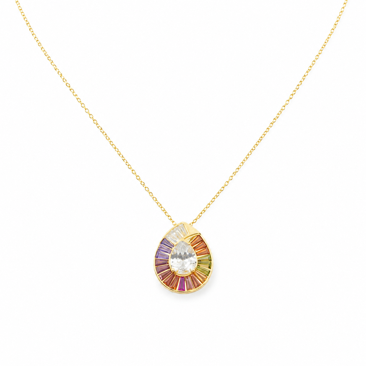 Gold-tone necklace with a teardrop pendant and rainbow CZ accents.