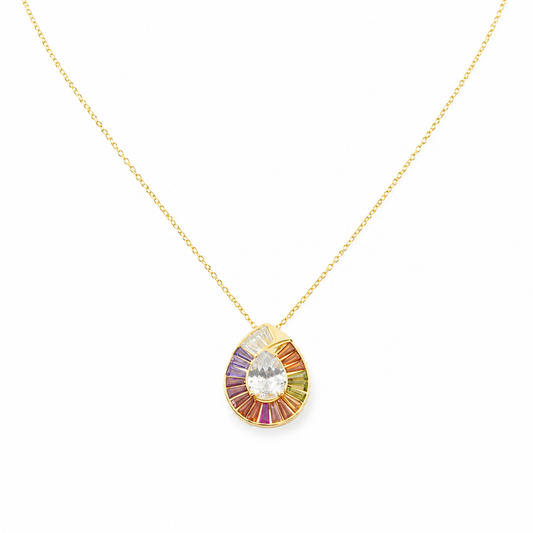 Gold-tone necklace with a teardrop pendant and rainbow CZ accents.