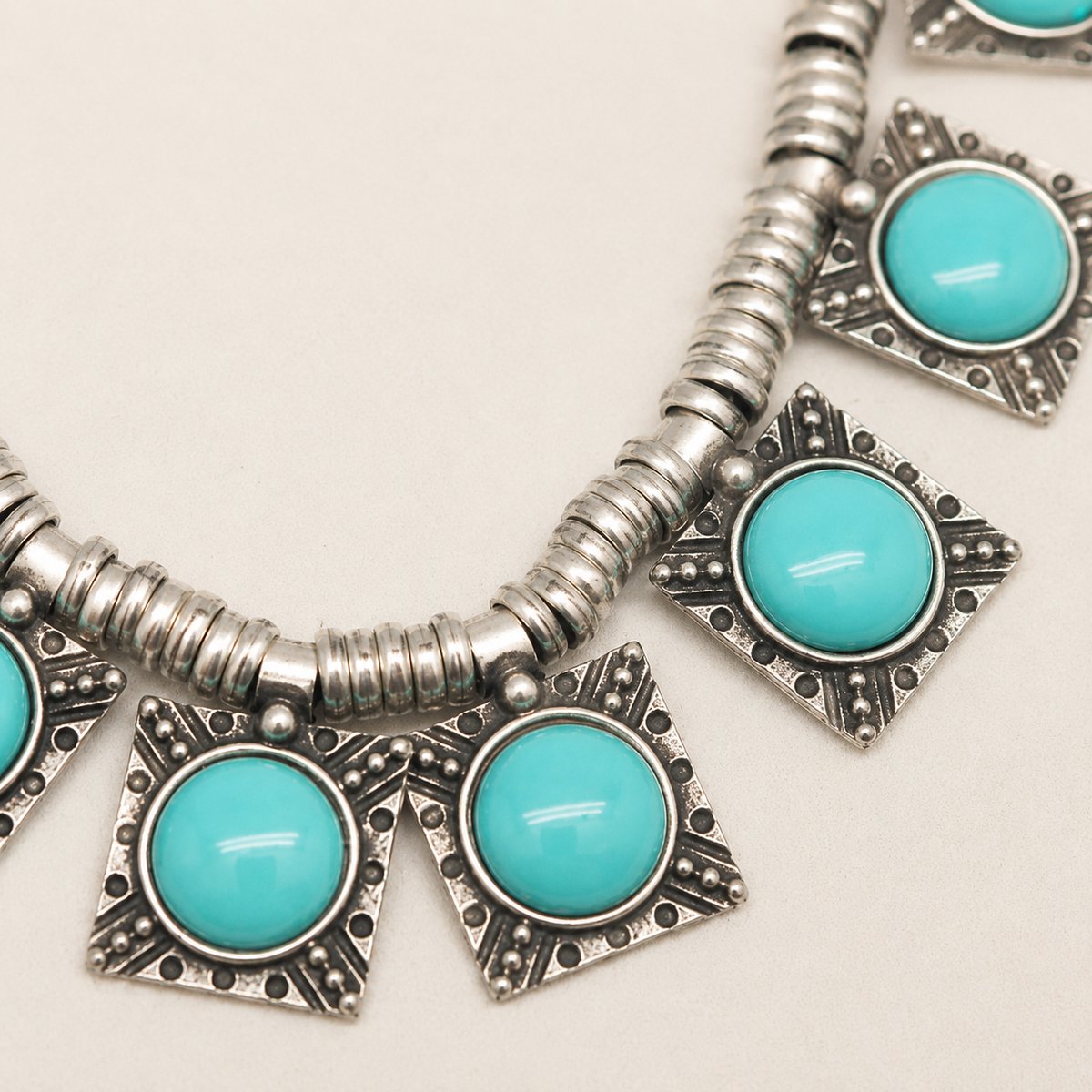 Close view of the turquoise star charms and silver-tone detailing.