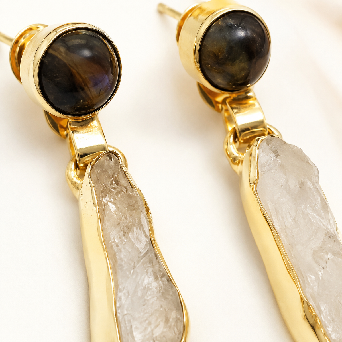 Close view of smoky quartz and clear quartz set in a gold plated drop earring design.
