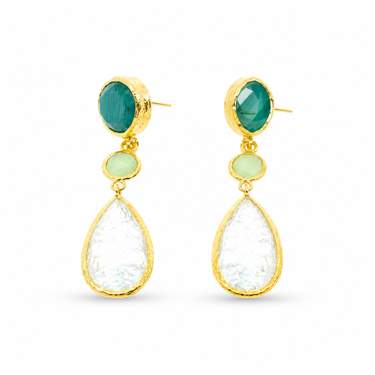 Gold-plated dangle earrings with faceted green and clear stones.