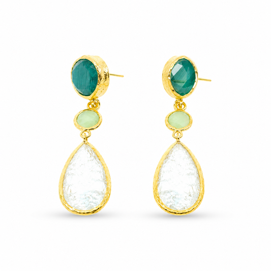 Gold-plated dangle earrings with faceted green and clear stones.