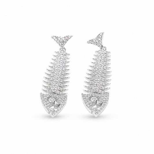 Silver fish bone earrings with sparkling CZ detail and a bold drop silhouette.