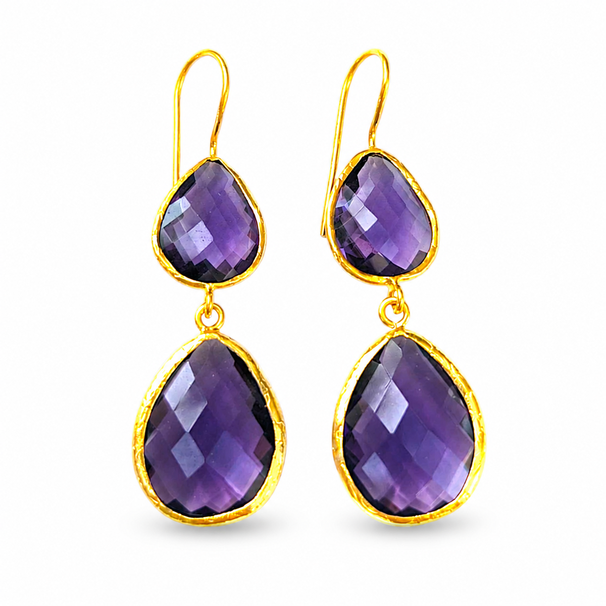 Gold-plated drop earrings with faceted amethyst stones.