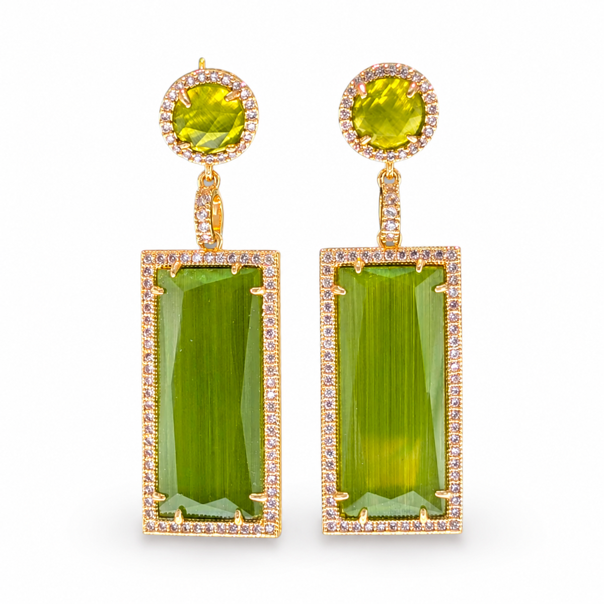 Gold-plated drop earrings with olive green oval and rectangle stones framed by pavé-style sparkle.