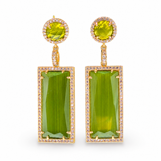 Gold-plated drop earrings with olive green oval and rectangle stones framed by pavé-style sparkle.