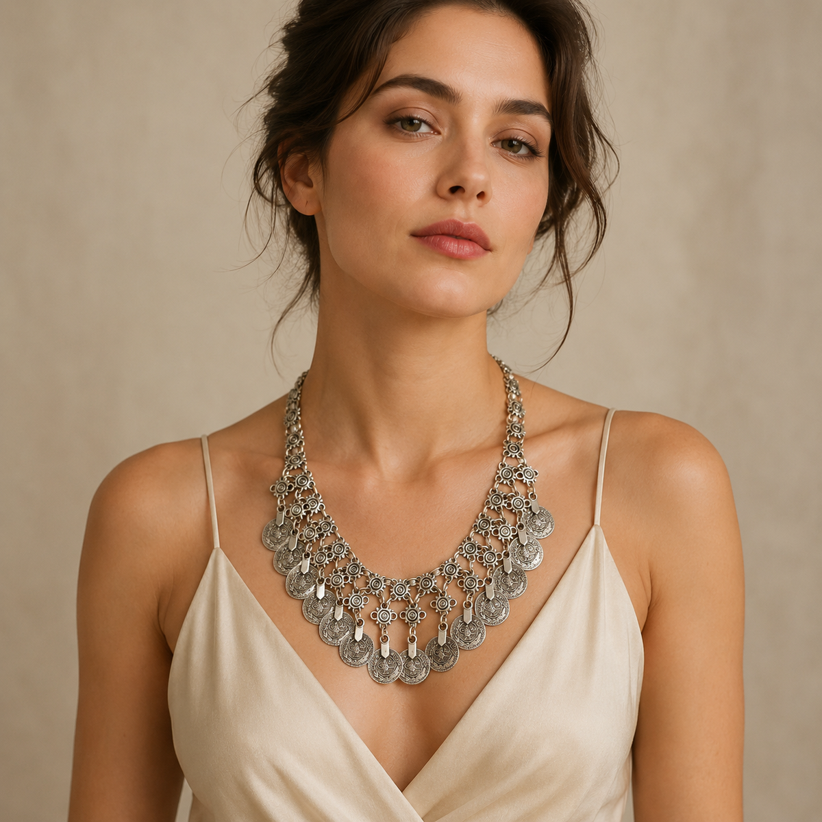Silver-tone floral coin fringe necklace with intricate texture.
