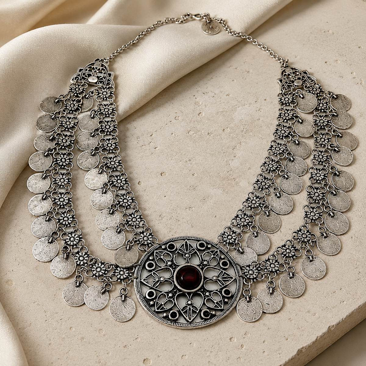 Silver-tone statement necklace with ornate layers and coin charms.