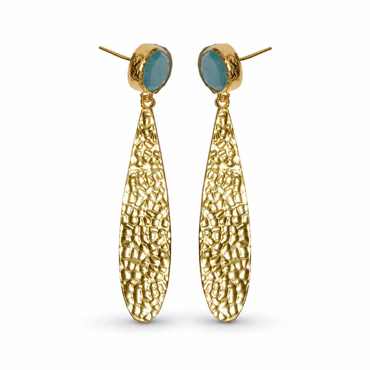 Hammered gold-plated drop earrings with textured long pendants and soft blue oval accents.