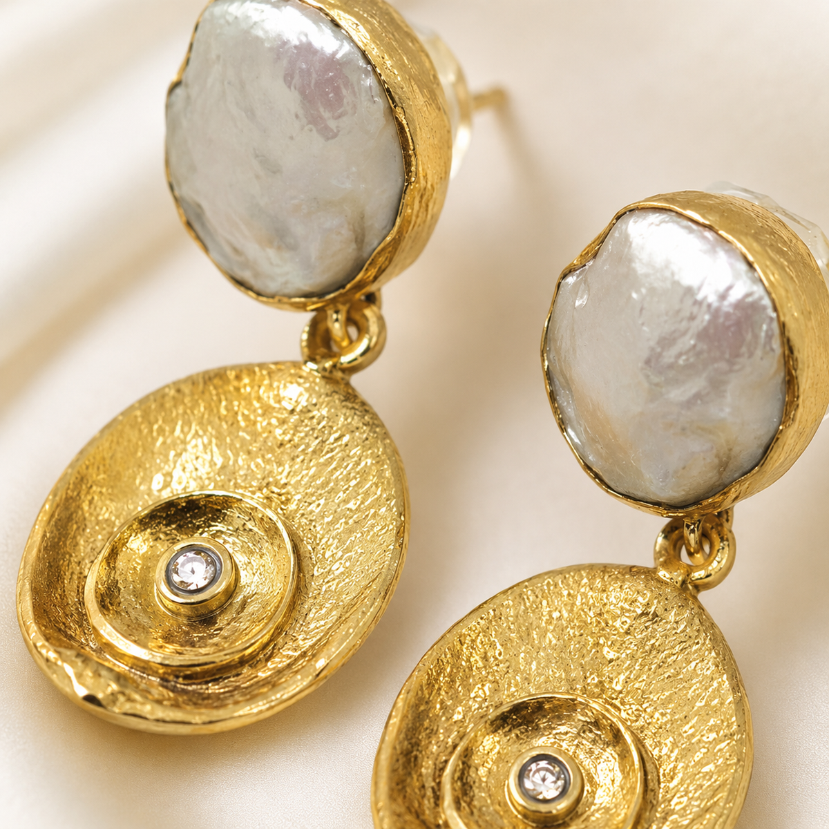 Close view of the textured gold-plated drop and pearl-like top.