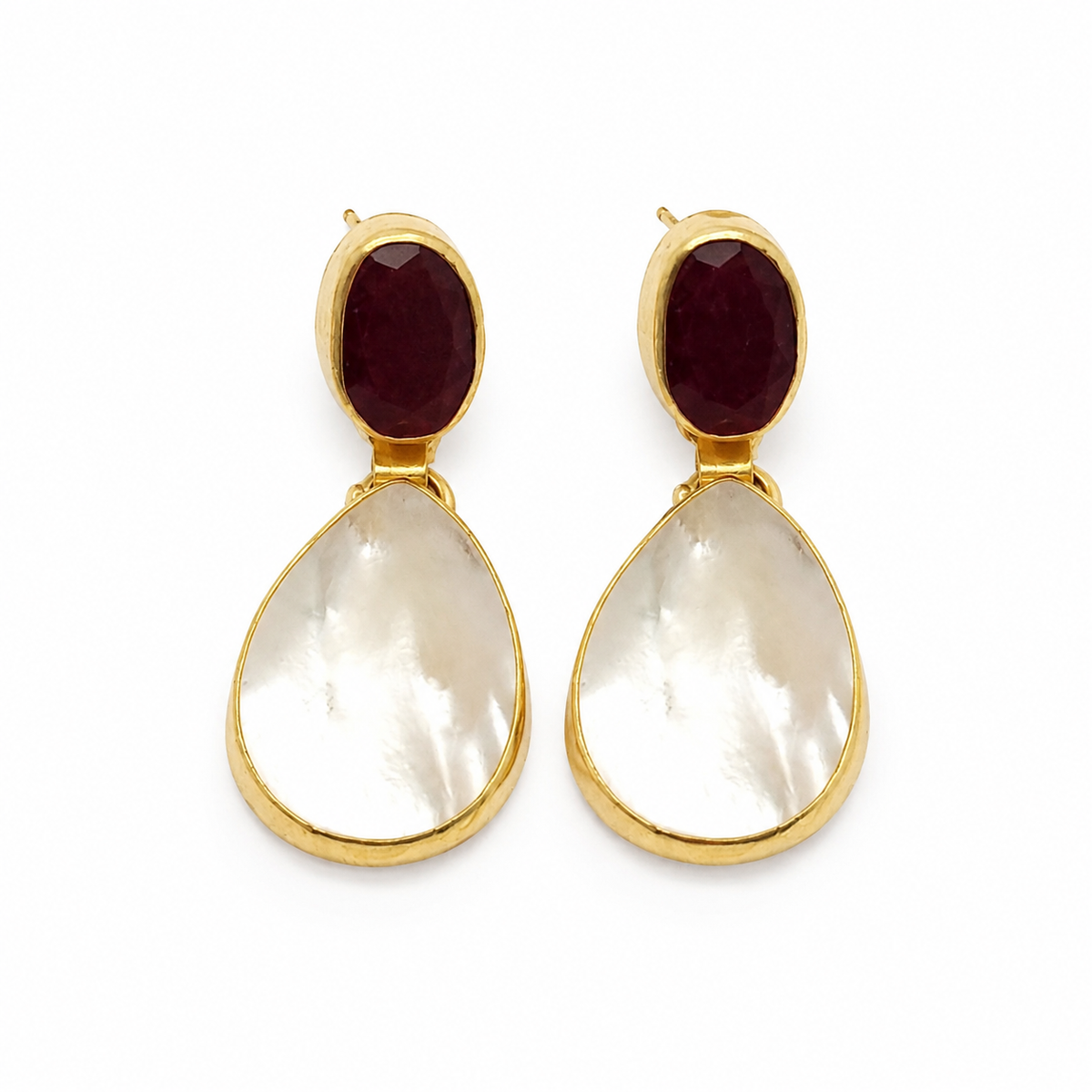 Gold-plated drop earrings with red garnet and mother of pearl accents.