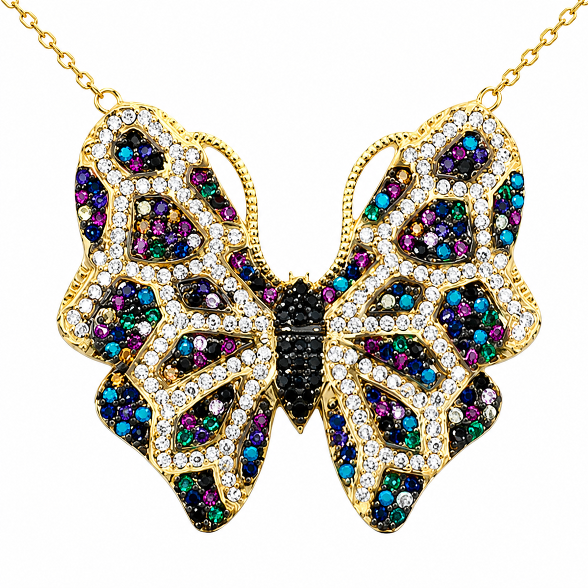 Close view of the butterfly pendant with multicolor CZ details.