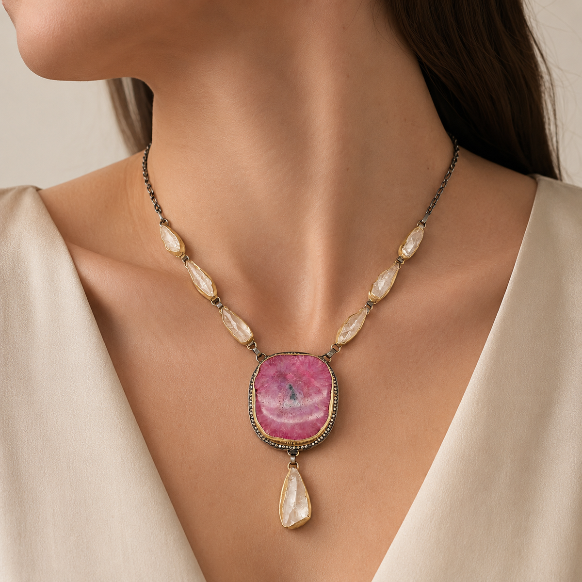 Pink solar stone teardrop necklace shown from the front on a white background.