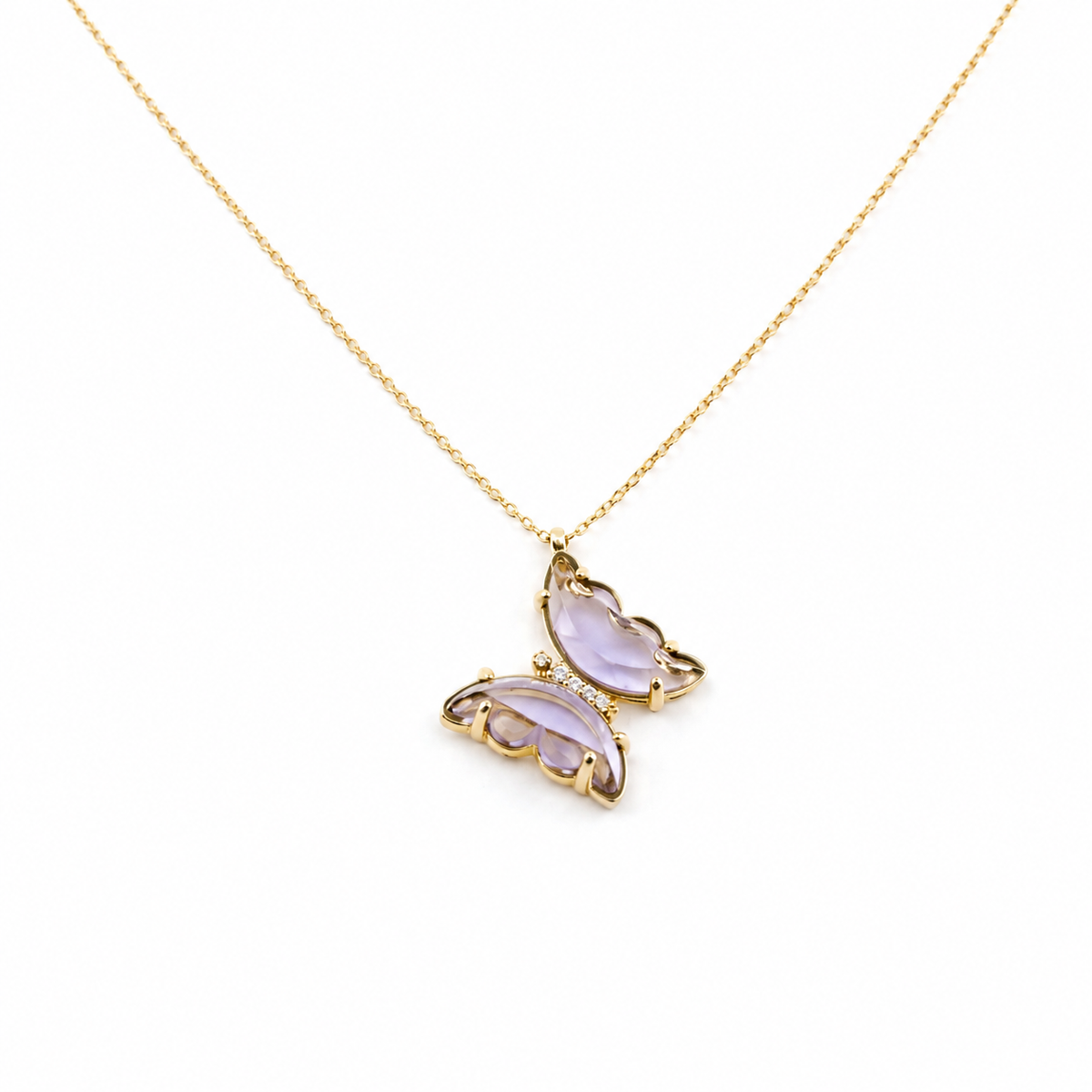 Purple butterfly pendant necklace with a gold-tone chain