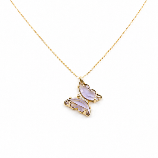 Purple butterfly pendant necklace with a gold-tone chain