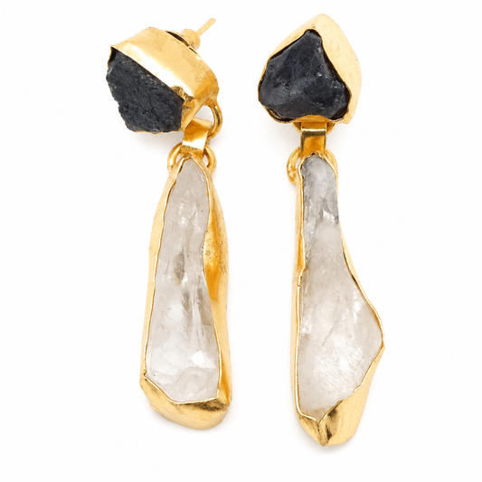 Gold-plated drop earrings with amethyst quartz and a clear stone accent.