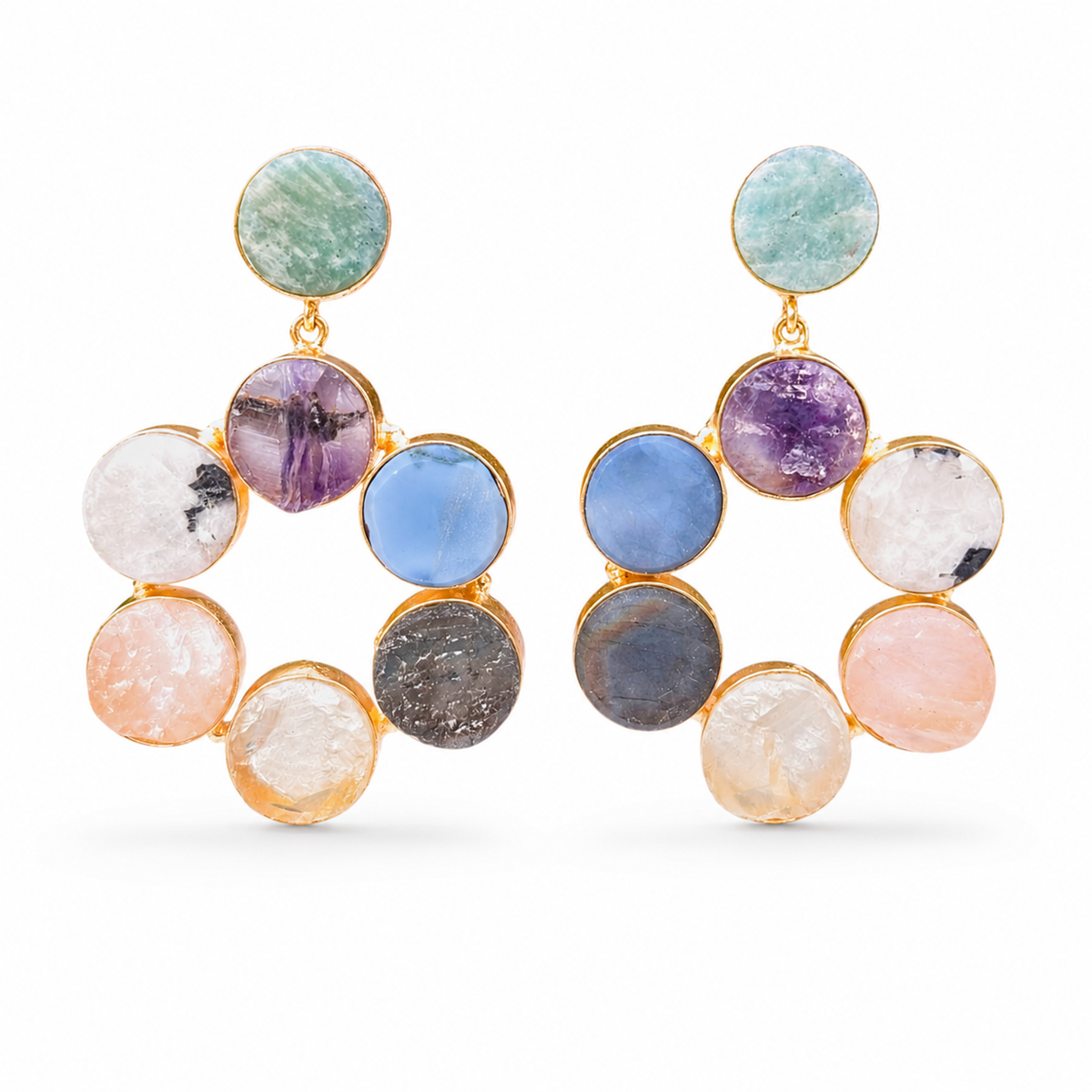 Gold-tone statement earrings with colorful round gemstone-style stones arranged in a hoop shape.