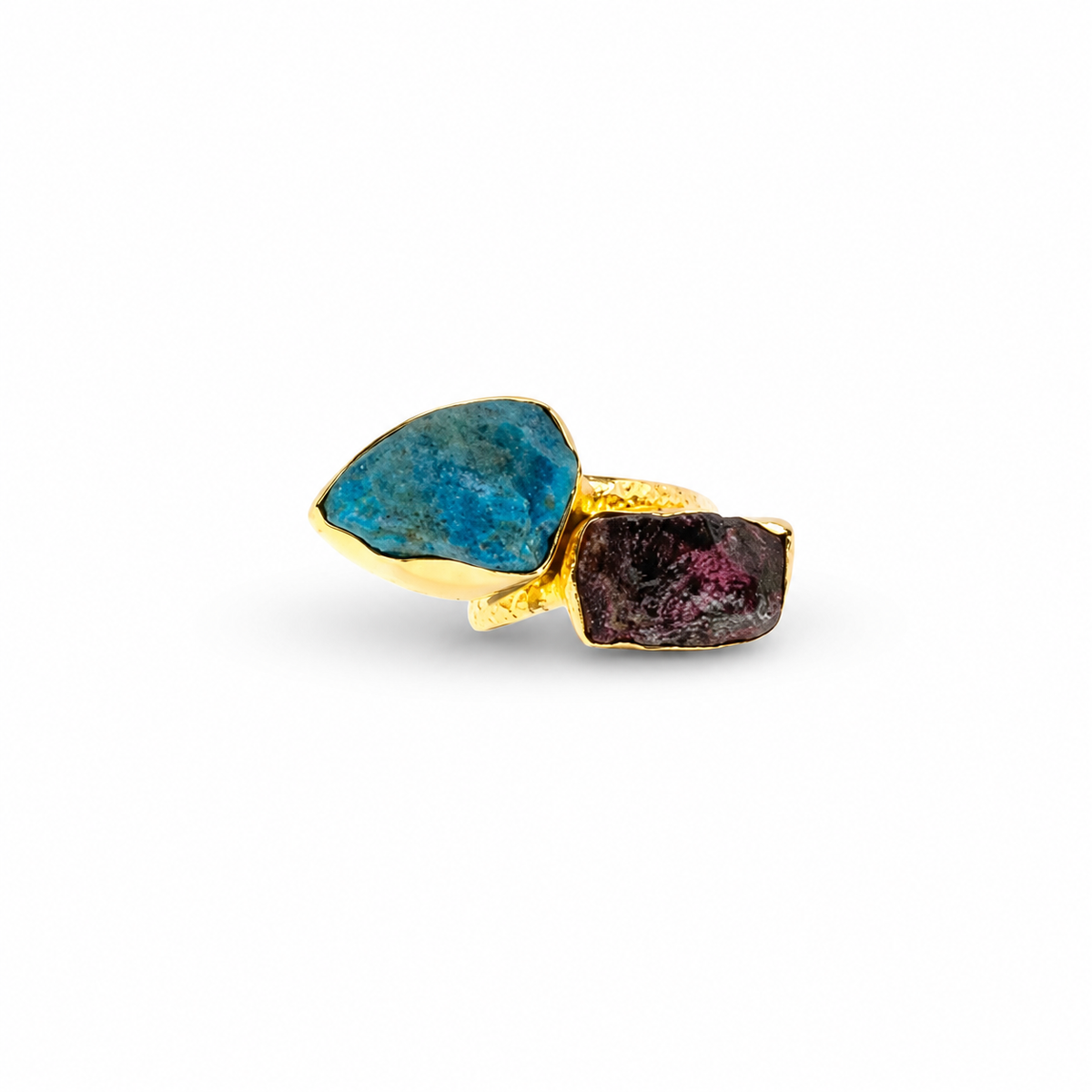 Raw apatite and garnet two stone ring with a gold-plated setting.