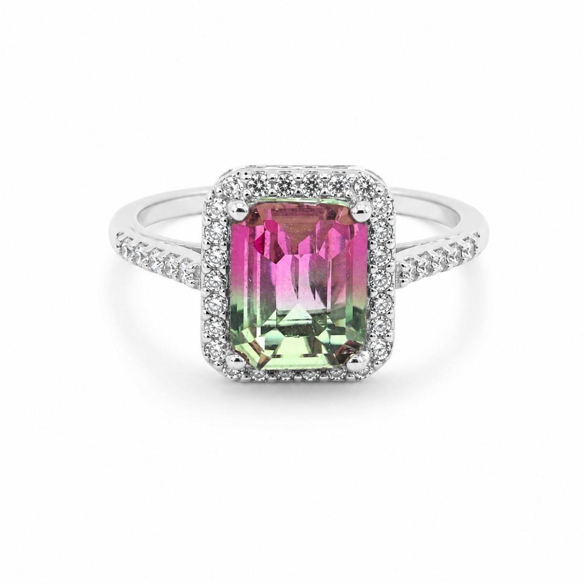Silver-tone ring with a faceted purple center stone and CZ halo.